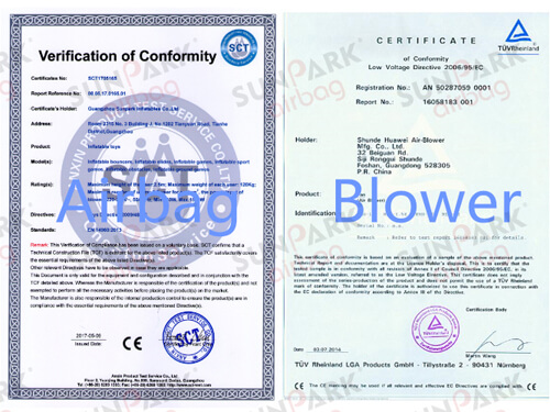 Certificate for FMX Landing Airbag and Air Blower