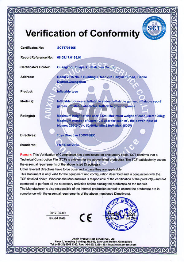EN14960 Certificate for Inflatables